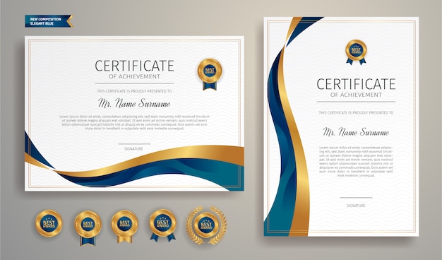 Appreciation certificate in blue and gold color with gold badge and border  template