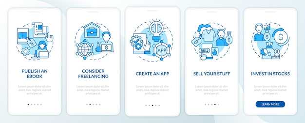 온라인 온보딩 모바일 앱 페이지 화면에서 돈을 버는 방법. 개념이 있는 프리랜서 연습 5단계 그래픽 지침. 선형 컬러 일러스트레이션이 있는 Ui, Ux, Gui 벡터 템플릿
