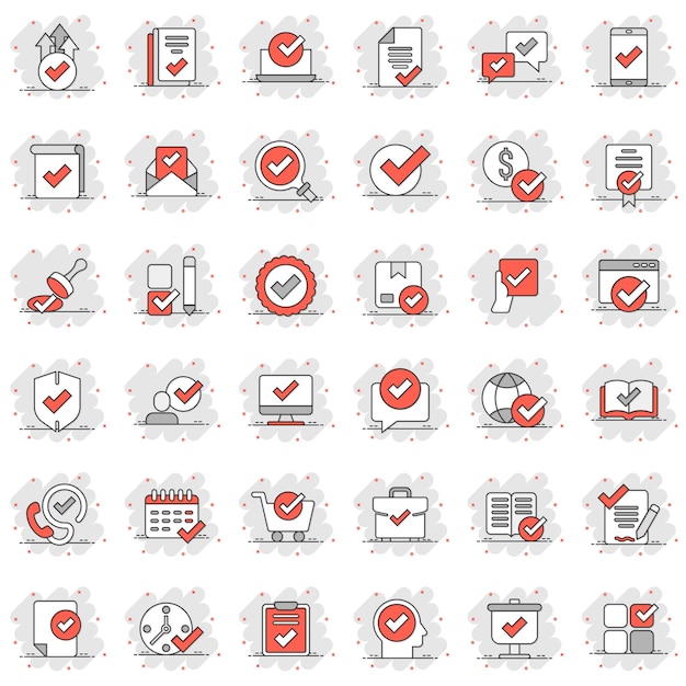 Approve icon set in comic style Check mark cartoon vector illustration on white isolated background Tick accepted splash effect business concept