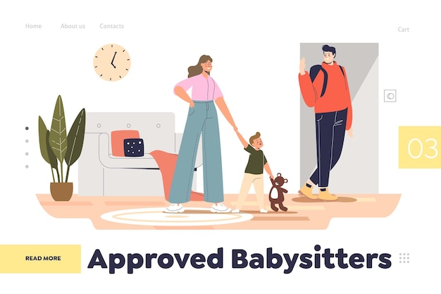 Vettore concetto approvato di babysitter di landing page con il padre che lascia i bambini sulla giovane tata a casa. infermiera femminile che si prende cura del figlio e della figlia piccoli durante la giornata lavorativa e l'assenza dei genitori. illustrazione vettoriale piatta