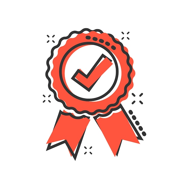 Утвержденная иконка медали сертификата в комическом стиле Пиктограмма векторной карикатуры с галочкой Принятая наградная печать бизнес-концепция эффект всплеска