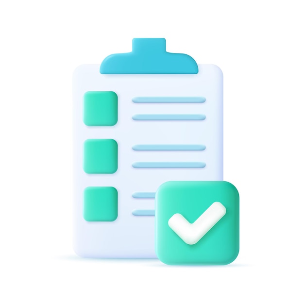 Approved checklist clipboard icon. checklist on 3d paper. document in test form with check marks and stripes abstract questions. questionnaire with notes. check marks. vector illustration.