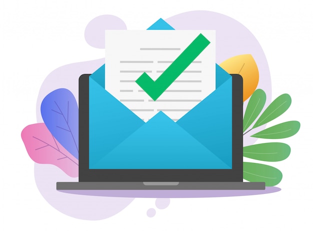 Approved digital email message notice check mark in mail letter document online on laptop computer pc