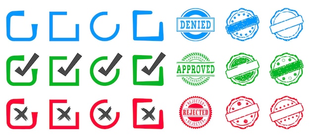 Vector approved and rejected stamp and medal green approved and red rejected icon with grunge approved rejected denied grunge stamp