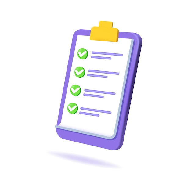 Approvement exam clipboard mark icon Task management todo check list 3d realistic vector illustration
