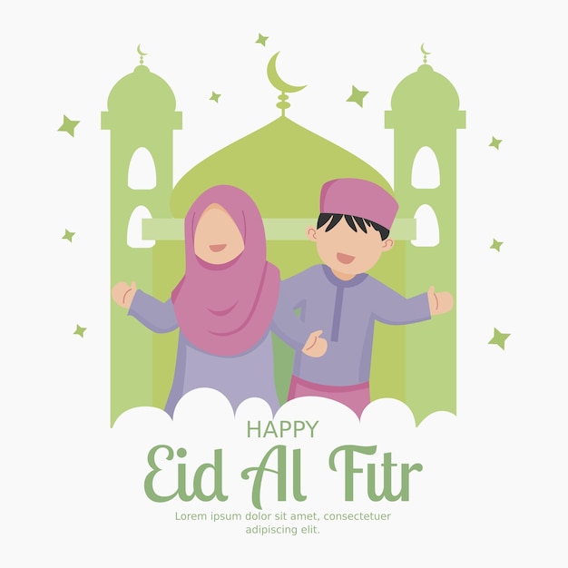 Vector appy eid mubarak greeting card vector and happy muslim boy and girl with mousque background