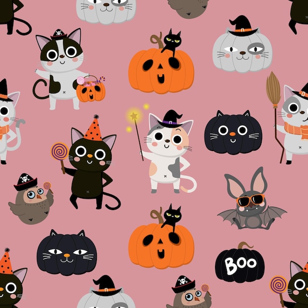 Vector appy halloween greeting card with cute cat in witch costume and decorated pumpkin