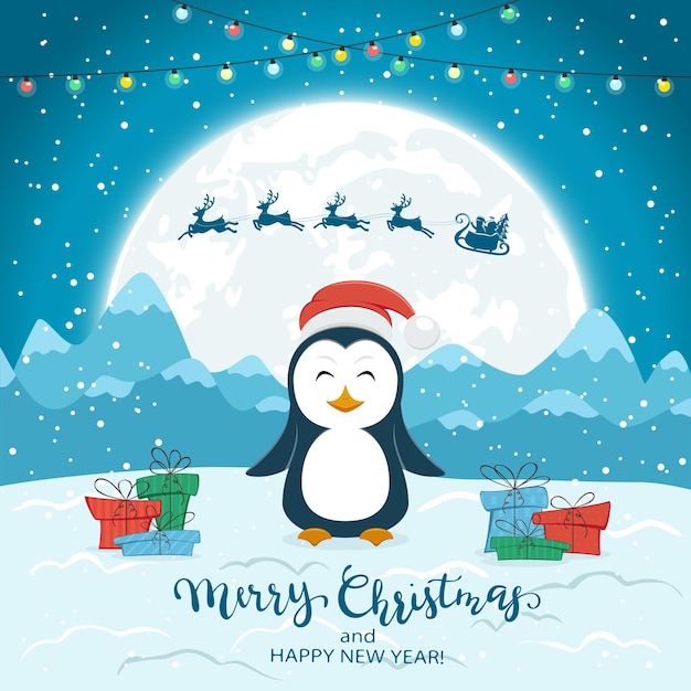 Ð pinguino felice con regali e babbo natale volante su sfondo blu invernale con scritte buon natale e felice anno nuovo, illustrazione.