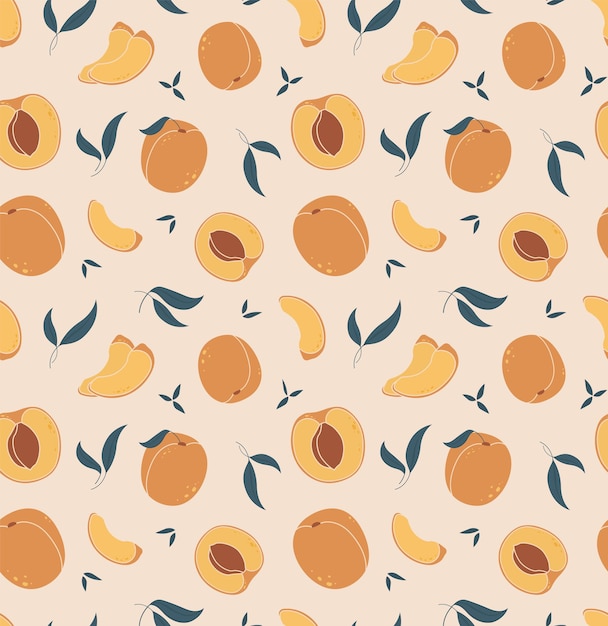 Vector apricot boho pattern seamless fruit background with apricots and leaves