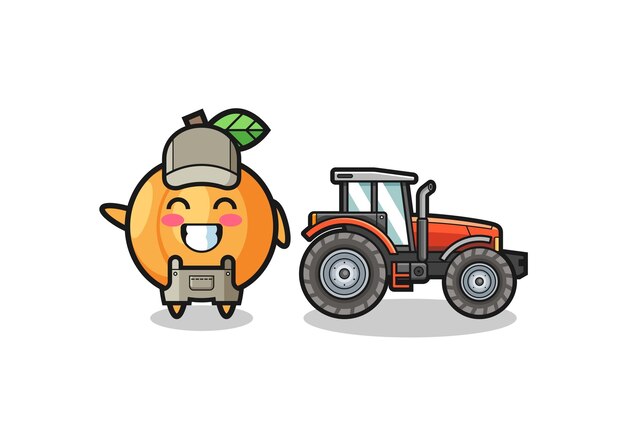 トラクターのかわいいデザインの横に立っているアプリコット農家のマスコット