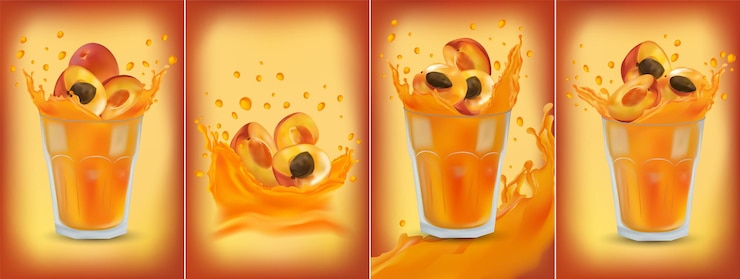 Vector apricot juice in glass collection fresh apricot sweet cocktailapricot are whole and cut in half
