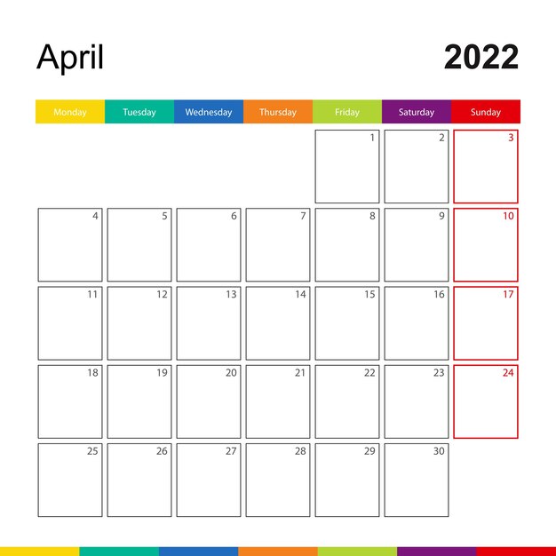 2022年4月のカラフルな壁掛けカレンダー、週は月曜日に始まります。