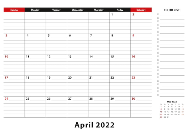 April 2022 maandelijkse bureaulegger kalenderweek begint op zondag, formaat a3.