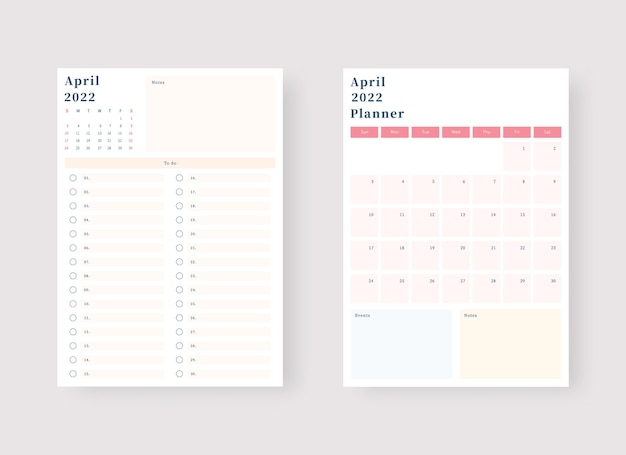 April 2022 planner sjabloon set set van planner en takenlijst