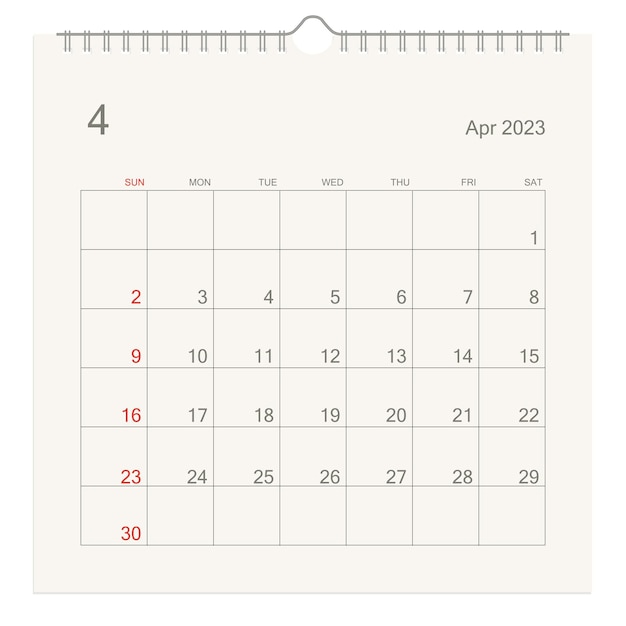 April 2023 calendar page on white background Calendar background for reminder business planning appointment meeting and event Week starts from Sunday Vector