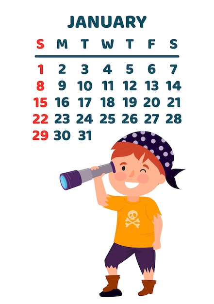 April 2023 kalenderpagina platte cartoon vectorillustratie met schattige piraat grappige jongen met verrekijker sjabloon om af te drukken verticale lay-out witte achtergrond