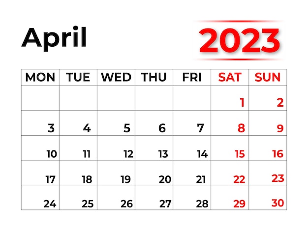 2023 年 4 月のマンスリー カレンダーで非常にすっきりとした外観で、週は月曜日から始まり、赤と黒で始まります