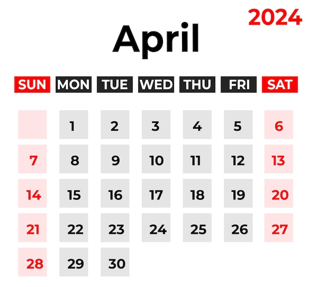 벡터 2024년 4월 월간 달력 디자인