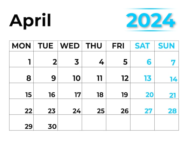 April 2024 monthly calendar with very clean look week starts from Monday