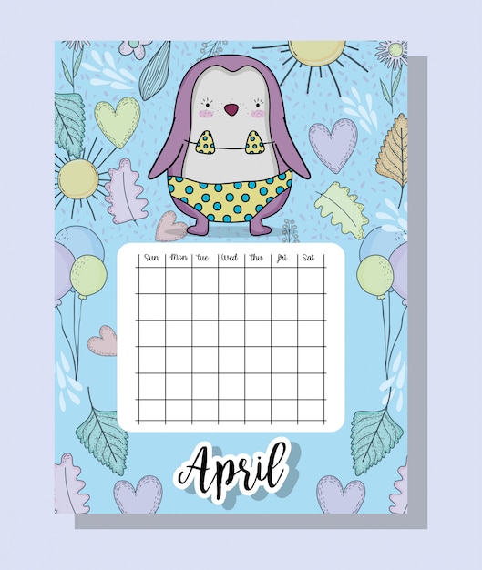 Vector april calendar information with penguin and flowers