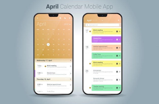 Vettore vettore di ui della luce di applicazione mobile del calendario di aprile