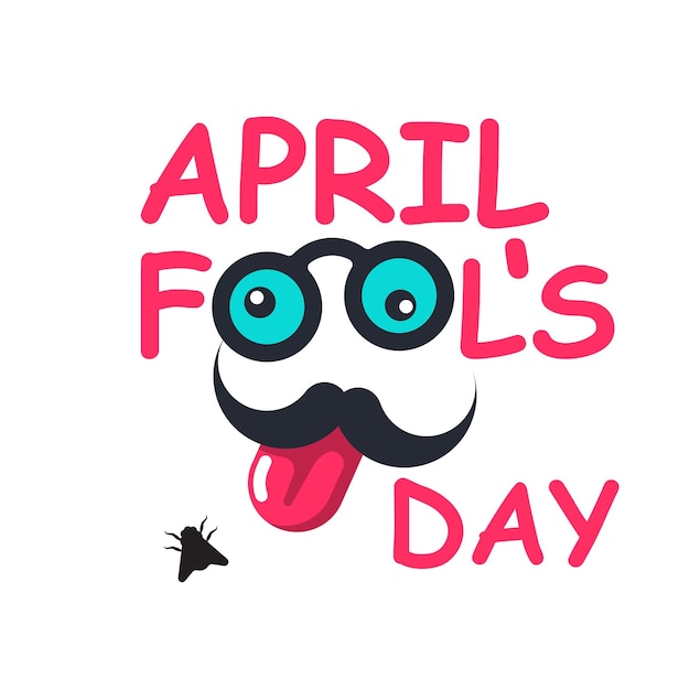 April fool's day colorful text with funny mustache glasses and tongue