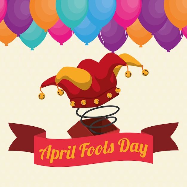 April fools day hat joker box ribbon balloons