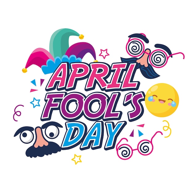 April fools day with emojis and comic face and hat.  illustration