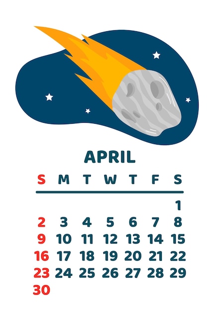 April Space calendar planner 2023 Weekly scheduling planets space objects Week starts on Sunday White background