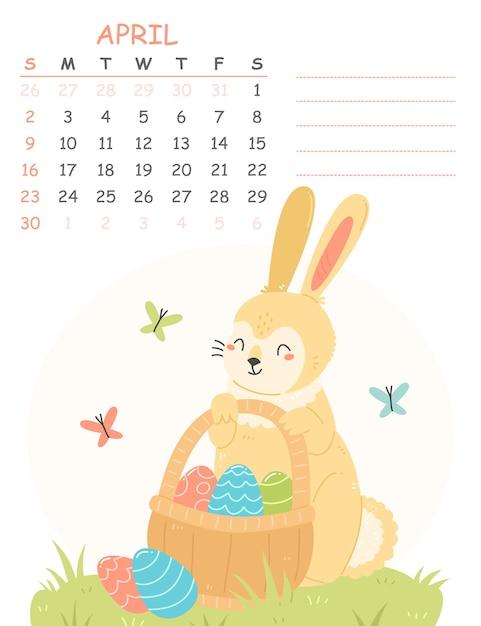 April vertical calendar for 2023 with an illustration of a cute rabbit with Easter eggs in a basket