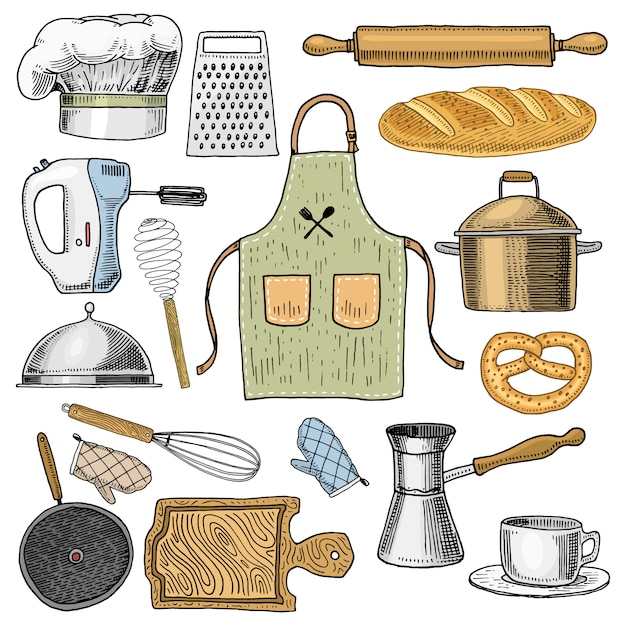 Apron or pinaphora and hood, rolling pin and saucepan or corolla, wooden board.