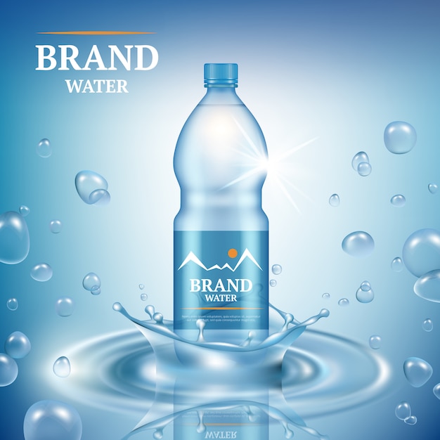 Aqua advertizing. Natural mineral liquid water drops commercial poster merchandising plastic bottle splashes vector realistic template
