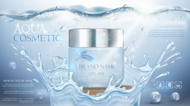 Aqua cream hydraterende cosmetica. Adverteren realistische onderwater blauwe sjabloon. Huidverzorging promotie