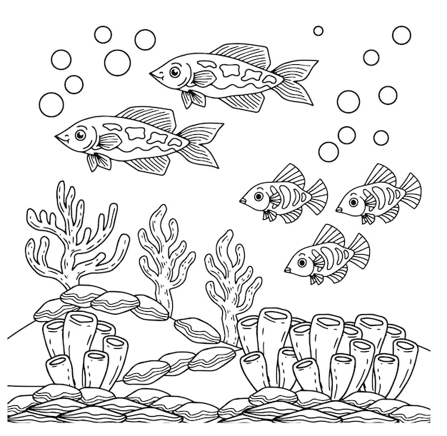 Vector aqua fish under ocean coloring page for kid