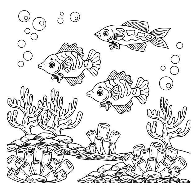 Vettore pesci d'acqua sotto l'oceano pagina da colorare per bambini