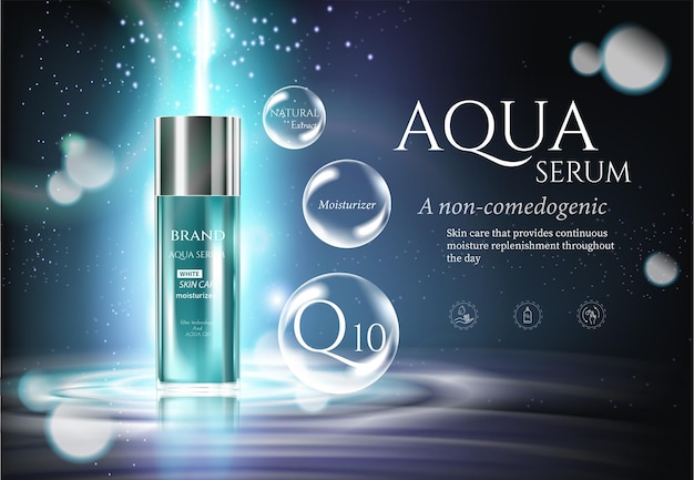 Aqua skin care cosmetic ad promoting poster template underwater blue sunlight ray bubble vector and deep sea realistic background 3d illustration