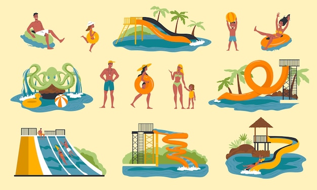 Aquapark flat concept set with water slides and tubes isolated vector illustration