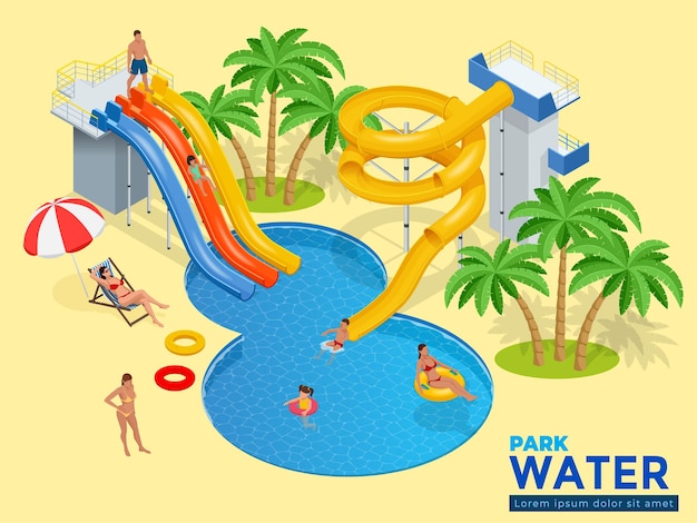 Vettore banner web orizzontale aquapark con diversi scivoli d'acqua, parco acquatico per famiglie, tubi delle colline e illustrazione isometrica di vettore delle piscine. design per web, sito, pubblicità, banner, poster, bacheca e stampa.