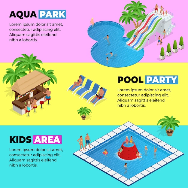 Aquapark horizontal web banners with different water slides, family water park, hills tubes and pools isometric vector illustration. design for web, site, advertising, banner, poster, board and print.