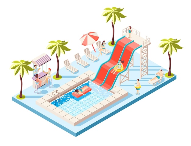 Aquapark isometric composition with water rides and swimming pool  illustration