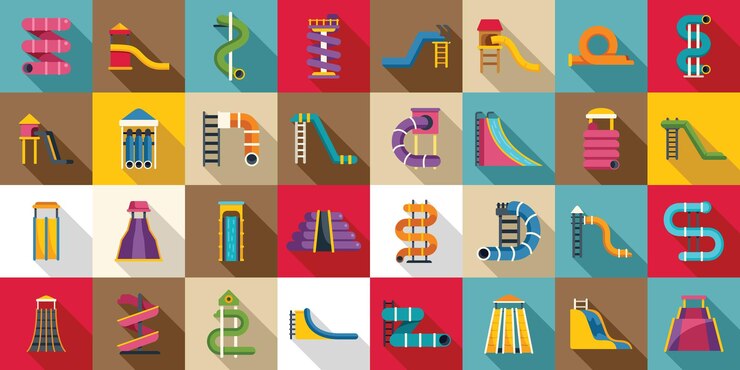 Vector aquapark slide icons set flat vector water fun