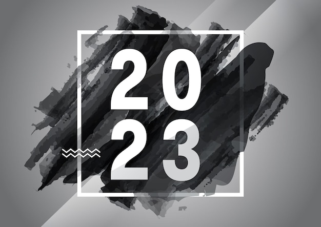 Aquarel 2023 nummer op zwarte abstracte kleur penseelstreken achtergrond Gelukkig 2023 nieuwjaar