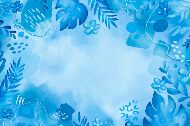 Aquarel abstracte vormen en tropische bladeren blauwe achtergrond monochrome achtergrond