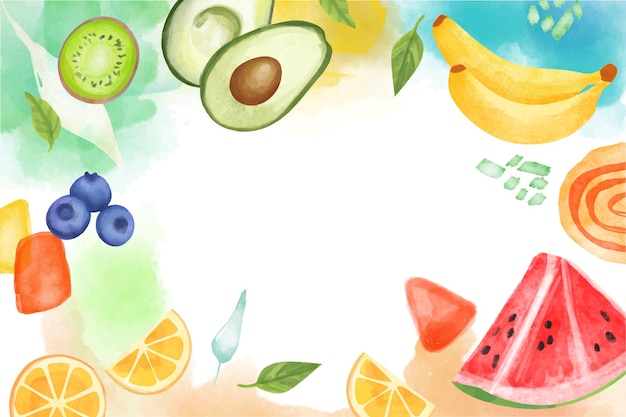Vector aquarel achtergrond met fruit en groenten met de hand getekende vectorillustratie