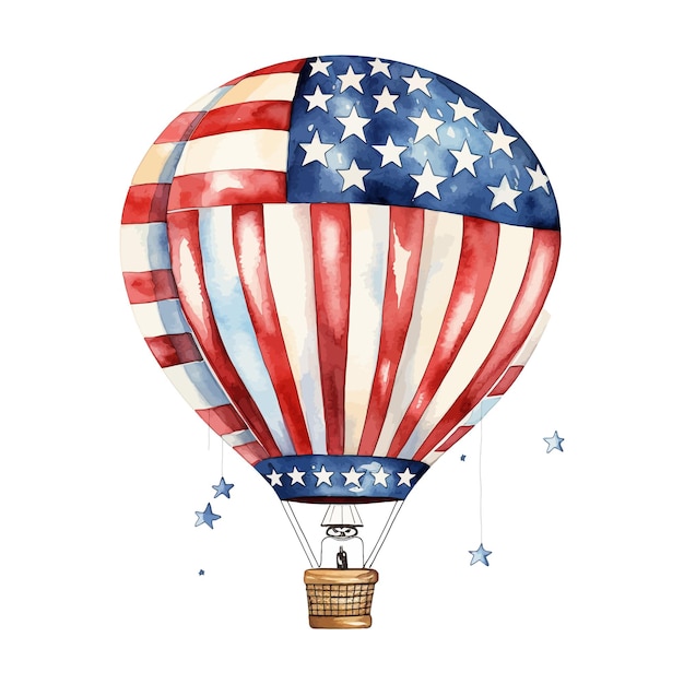 Aquarel Amerikaanse heteluchtballon met traditionele sterren en strepen
