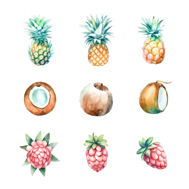 Aquarel ananas, pijnboontjes en kokosnoot geïsoleerd op een witte achtergrond met de hand getekende illustratie