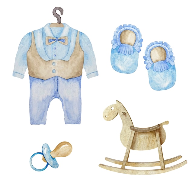 Aquarel baby jongen blauwe elementen hobbelpaard fopspeen baby schoenen pak illustratie Its a boy set