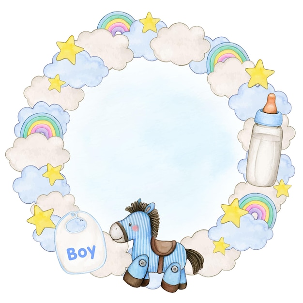 Aquarel baby kind krans met speelgoed paard wolken sterren en regenbogen