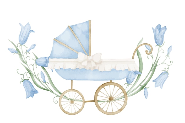 Aquarel Baby Kinderwagen met blauwe bloemen in vintage stijl Retro kinderwagen in schattige pastelkleuren Kinderwagen op geïsoleerde witte achtergrond Illustratie van kinderwagen voor pasgeboren feest