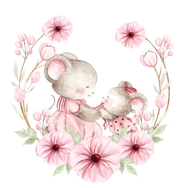 Aquarel baby muis en moeder met roze bloem krans